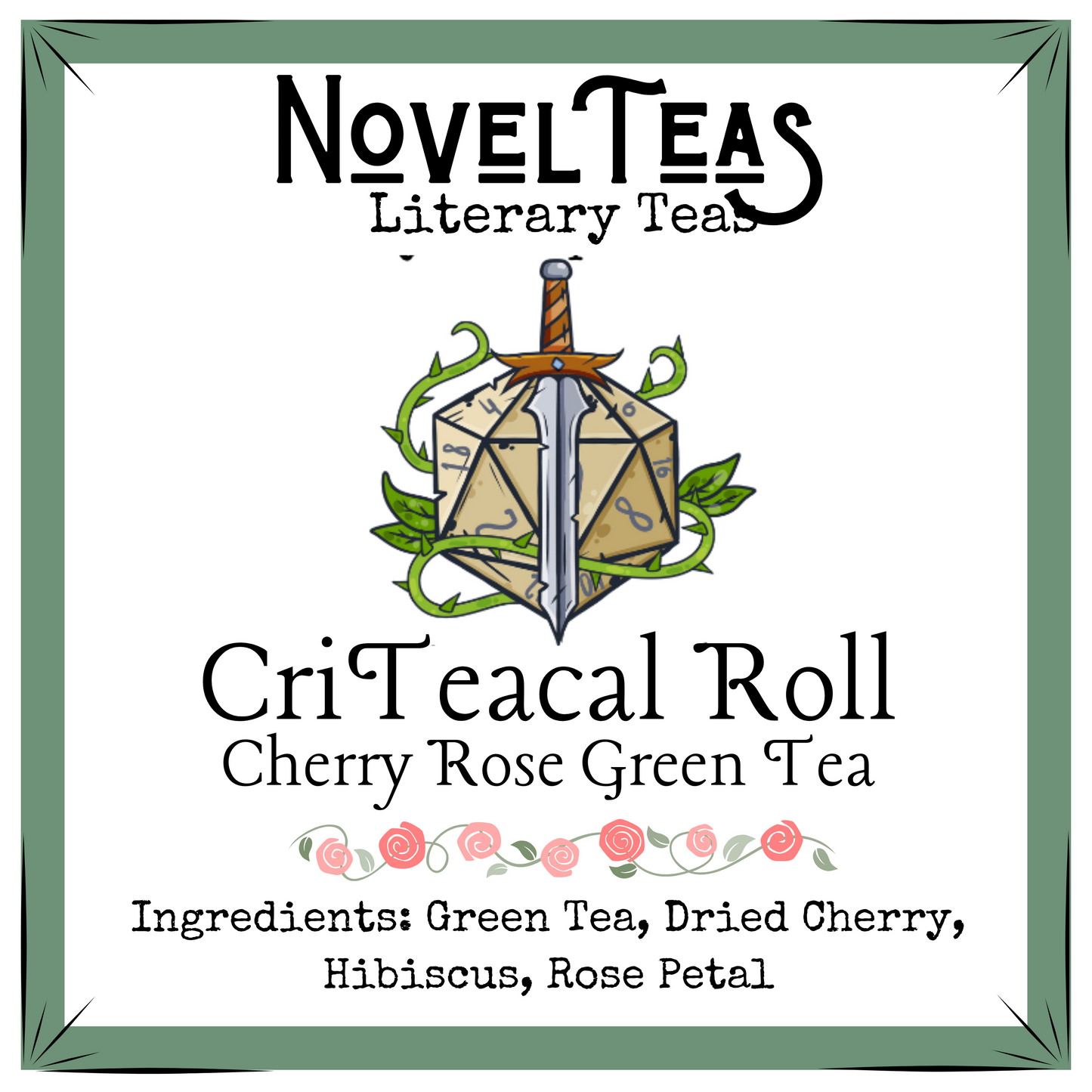 Criteacal front label with a sword and a D20 die and the ingredients on it