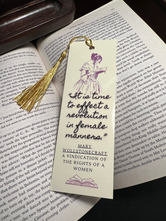bookmark with a woman reading a book on it and the words "it is time to effect a revolution in female manners" by Mary Wollstoecraft
A vindication of the rights of a women